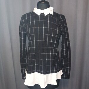 LOFT Black NWT Window‎ pane Plaid Shirt Top Sweater Layered Peter Pan Collar S